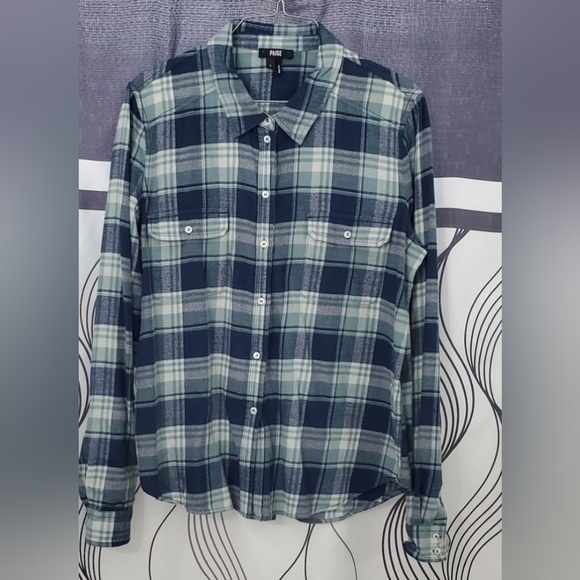 PAIGE Tops - PAIGE Navy and Gteen Blue Plaid Shirt Large